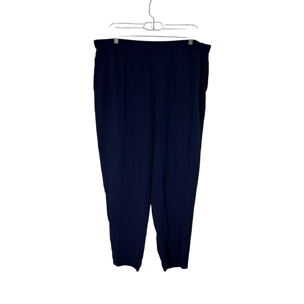 Eileen Fisher Navy Blue 100% Silk Crepe Elastic Waist Ankle Pants Womens Large